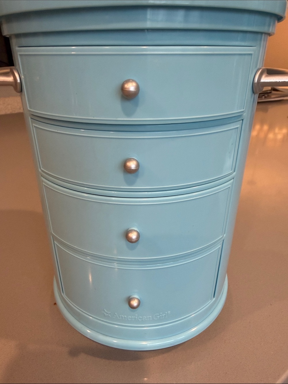 American Girl Baby Blue Round Drawer Organizer with Silver Knobs